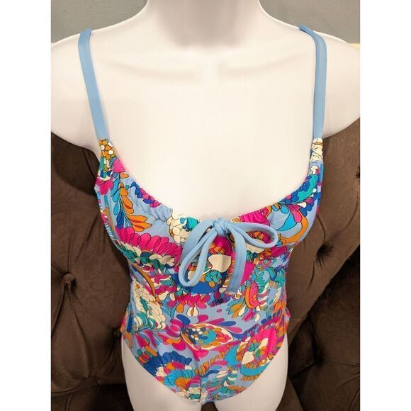 KATE SPADE Cinch Tie Front Soft Underwire Cups Swimsuit SPRING WATER/BLUE S $144 - Picture 7 of 16